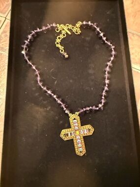 Heidi Daus Gold-Tone Cross Pendant Necklace with Purple Beaded Chain